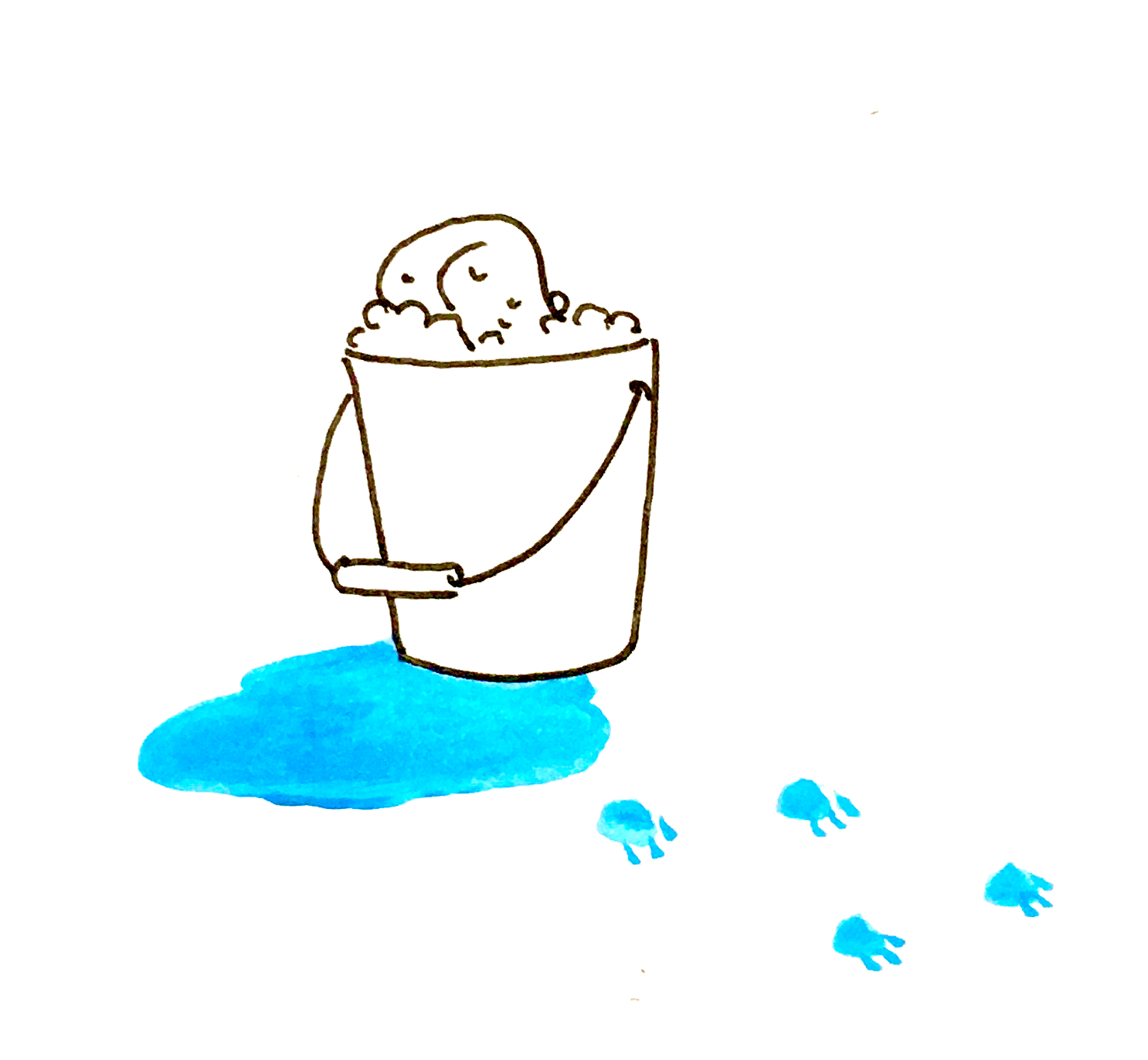 A bucket of soap with a puddle and an animal's footprints.